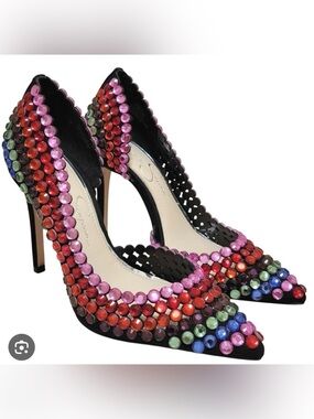 Jessica Simpson Black Pointed-Toe High Heels with Multicolor Rhinestones